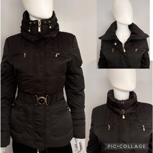 Women's Black Quilted Puffer Jacket with Belted Waist